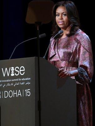US first lady Michelle Obama delivers a speech during the World Innovation Summit for Education (WISE) held the convention centre in the Qatari capital Doha on November 4, 2015