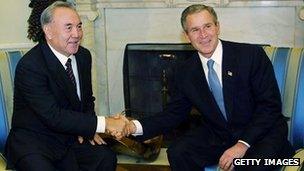 President Nazarbayev and former US President George W Bush in 2001