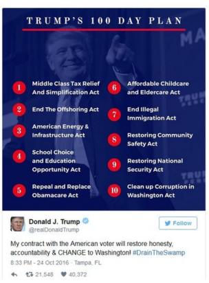 Donald Trump tweets out his 100 day legislative agenda.