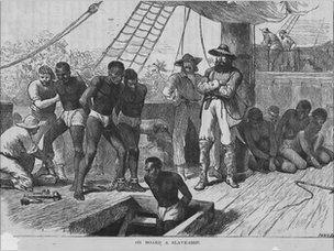 Drawing of slaves on a ship in 1835