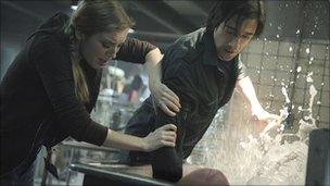 Sarah Polley, Adrien Brody and creature in Splice
