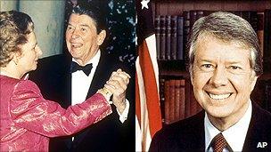 Ronald Reagan dancing with Margaret Thatcher; Jimmy Carter