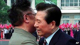 Kim Jong-il embraces South Korea's Kim Dae-jung in 2000