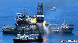 The Transocean Discoverer Enterprise drillship burns off gas collected at the BP Deepwater Horizon oil spill