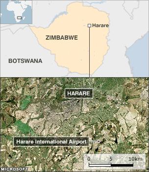 Zimbabwe map showing Harare's International Airport