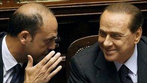 Italian Prime Minister Silvio Berlusconi (right) with Minister of Justice Angelino Alfano, Rome, 4 August 2010
