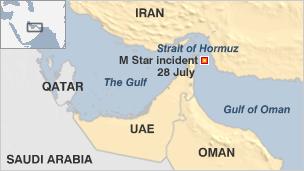 Map of Strait of Hormuz showing location of M Star at time of attack