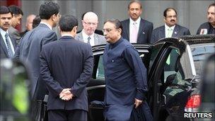 Pakistan President Asif Ali Zardari arrives for the rally