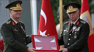 Turkish Generals Ilker Basbug (left), and Isik Kosaner, pictured in August 2008