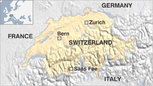 Map of Switzerland showing the village of Saas Fee