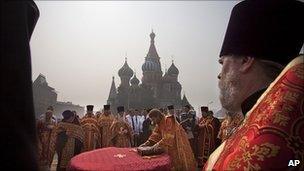 Russian priests hold a service in Red Square, Moscow, August 2010