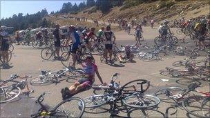 Men who have collapsed with exhaustion on the climb up Ventoux