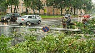 Workers clear fallen trees after storm in St Petersburg, 16/08/2010
