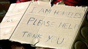 Man with homeless sign