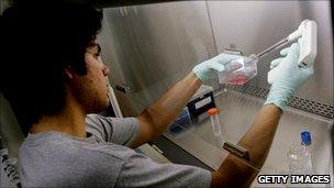 Student Jason Romero works with stem cell cultures in a lab