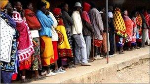 Kenyans line up to vote at a polling station in Ngong