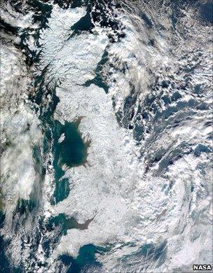 Satellite image showing snow-covered United Kingdom in January 2010
