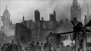 Coventry city centre - the morning after the Blitz destroyed three quarters of it