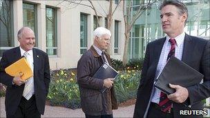 Tony Windsor, Bob Katter and Rob Oakeshott at Parliament House in Canberra. 6 Sept 2010