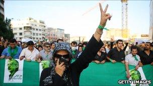 Iranian supporters of defeated reformist presidential candidate Mir Hossein Mousavi demonstrate on June 17, 2009 in Tehran, Iran