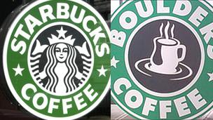 logos of Starbucks and the Boulders Coffee Lounge, Borth