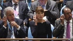 French first lady listening to a speech at the UN
