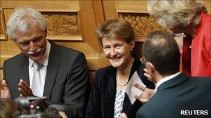 Simonetta Sommaruga (centre) is congratulated after her election to Switzerland's Federal Council