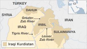 Map of northern Iraq, showing the Lesser and Greater Zab rivers