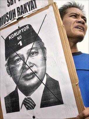 A man holds a sign showing the face of Indonesian dictator Suharto.