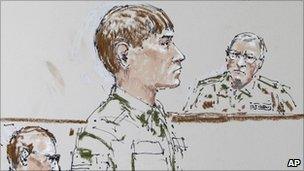Court sketch of Cpl Morlock (centre), investigating officer Col Thomas Molloy (right) and lawyer Michael Waddington (left) - 27 September 2010