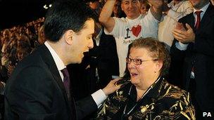 Ed Miliband greets Gillian Duffy after his speech