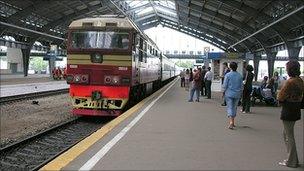 A train arrives at a platform in Kaliningrad main railway station