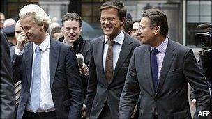 From left, Geert Wilders, Mark Rutte and Maxime Verhagen in The Hague. 30 Sept 2010