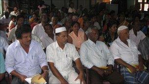 Muslims gathered to give evidence before the presidential panel in Batticaloa, Sri Lanka