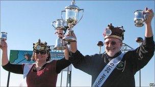 World Conker Championships winners Wendy Bradford and Ray Kellock with their trophies