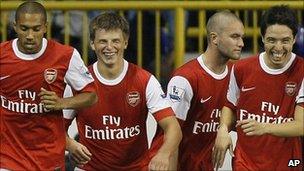 Arsenal's Gael Clichy, Andrey Arshavin, Henri Lansbury and Samir Nasri