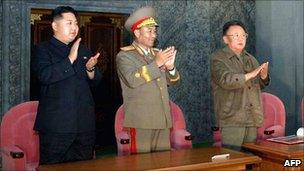 North Korean leader Kim Jong-il (R) and his son Kim Jong-un (L) enjoying an evening gala in Pyongyang