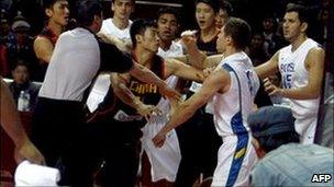 Chinese and Brazilian basketball teams fight in China 12 Oct 2010