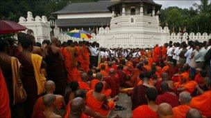 A gathering of Buddhist monks in Kandy, Sri Lanka