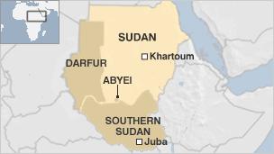 Map showing Sudan, South Sudan and disputed region of Abyei