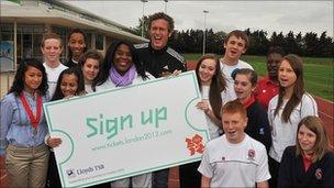 Olympic athletes Mark Foster and Tessa Sanderson join pupils from Cumberland School at Newham Leisure Centre for the announcement of ticket prices for the London 2012 Olympics