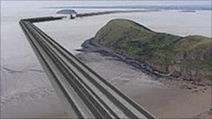 Computer generated imaged of how the Severn barrage could look
