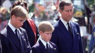 From left: Prince William, Prince Harry, Prince Charles