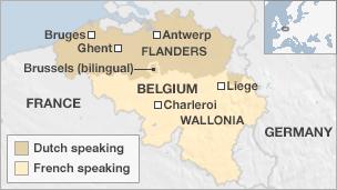 Map showing Dutch and French speaking areas of Belgium
