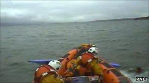 The lifeboat crew reach the kayaker