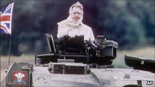 Margaret Thatcher riding a British Challenger tank in Germany in 1986