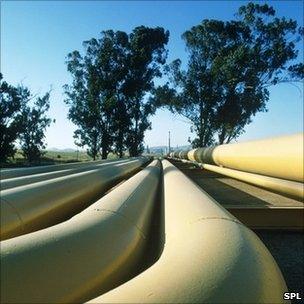Oil pipelines at a refinery in Benicia, California