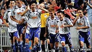 South China celebrate scoring against Liverpool in the 2007 Asia Trophy