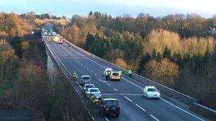 The scene after the crash on the A5 at Chirk, near Wrexham