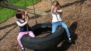 Children on play tyre